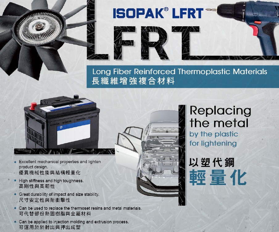 LFRT has excellent rigidity stiffness and impact resistance. It can be used to replace the metal material of the industrial parts and efficiently lightening the weight. 