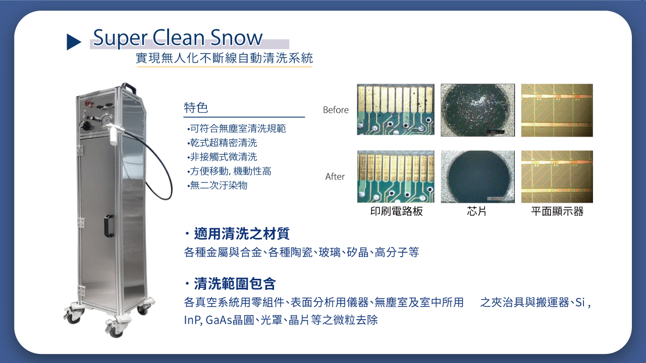．Super Clean Snow清洗範圍包含各真空系統用零組件、表面分析用儀器、無塵室及室中所用之夾治具與搬運器、Si , InP, GaAs晶圓、光罩、晶片等之微粒去除