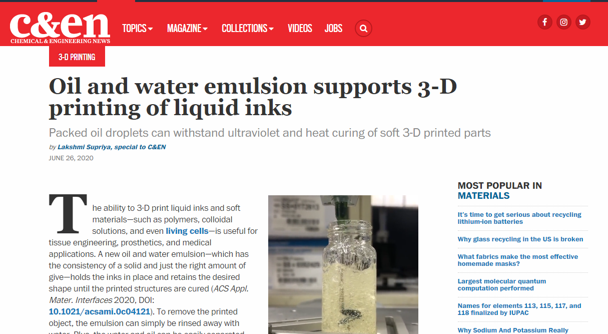 「Oil and water emulsion supports 3-D printing of liquid inks」