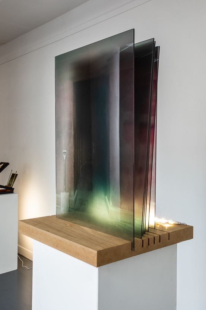 Glassworks Newhall Series II - Overprint on glass, wood, LEDs and Plinth - 38.5 x 61cm