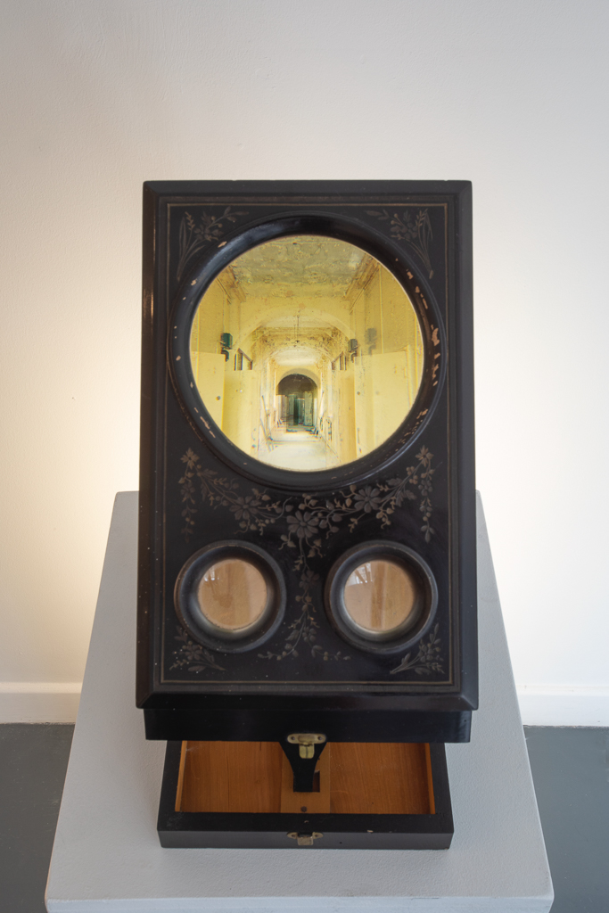Asylum - Ebonised Stereoscope Viewer, overprint on Glass, wood, LEDs and plinth - 39.4 x 40.6 x 24.2cm 