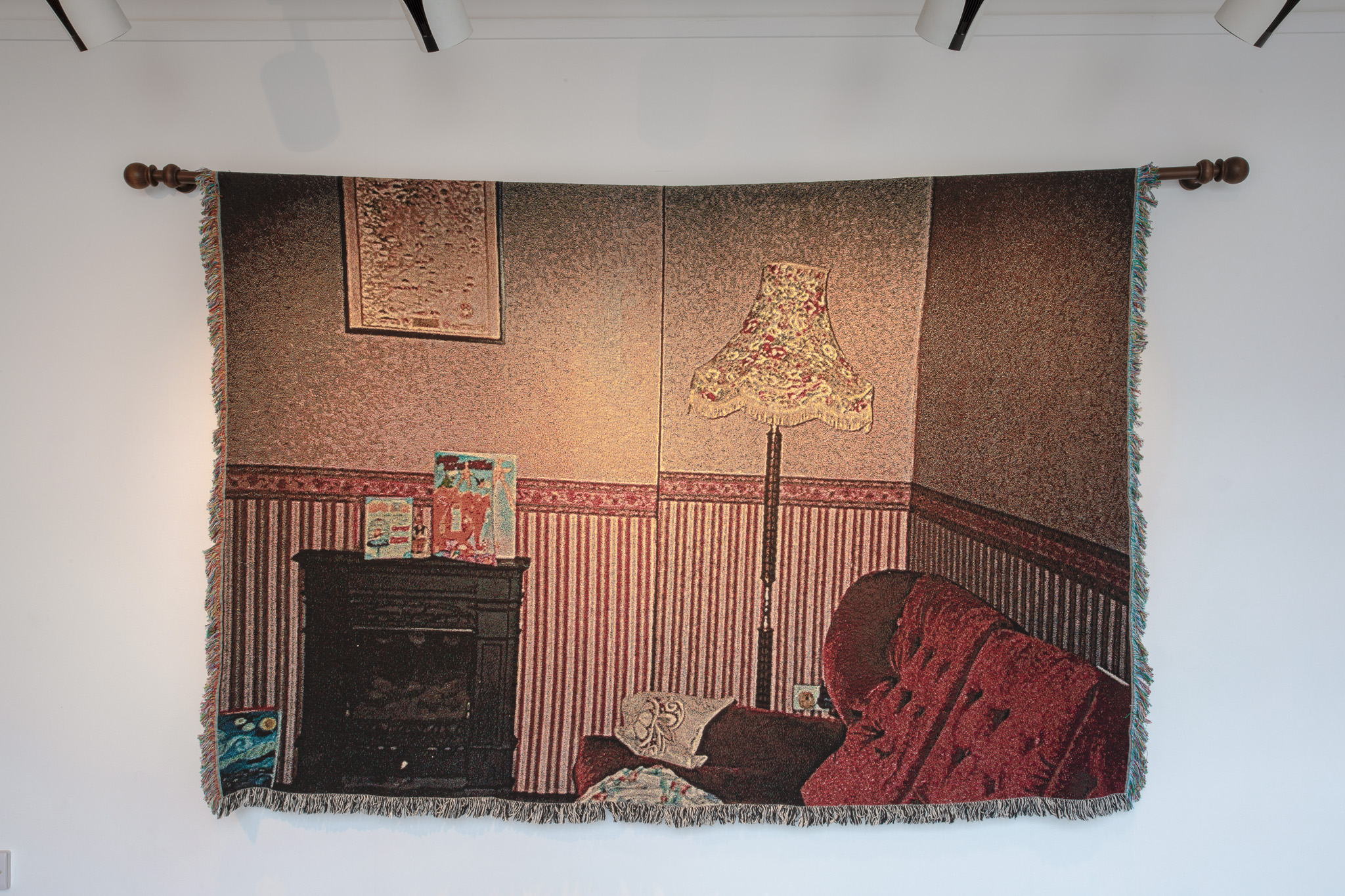 Michelle Malone	
'The Living room, 26 Cloonlara Crescent,' 2022, 
Digitally woven tapestries using Jaquard loom technologies, 213.5 x 145cm 
Images depicted are from Malone family archive.
