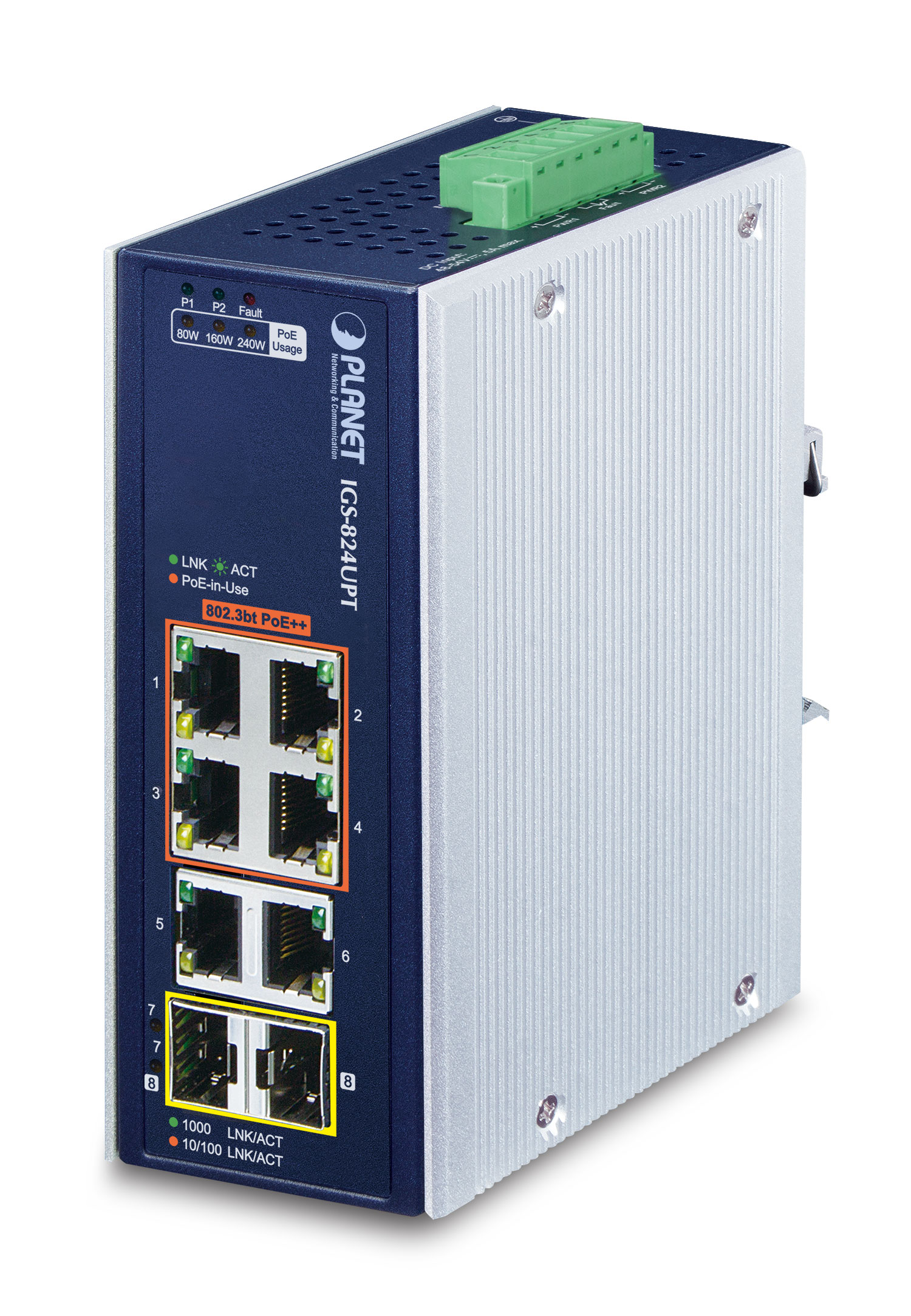 【IGS-824UPT】Industrial 4-Port 10/100/1000T 802.3bt PoE + 2-Port 10/100/1000T + 2-Port 100/1000X SFP Gigabit Ethernet Switch
