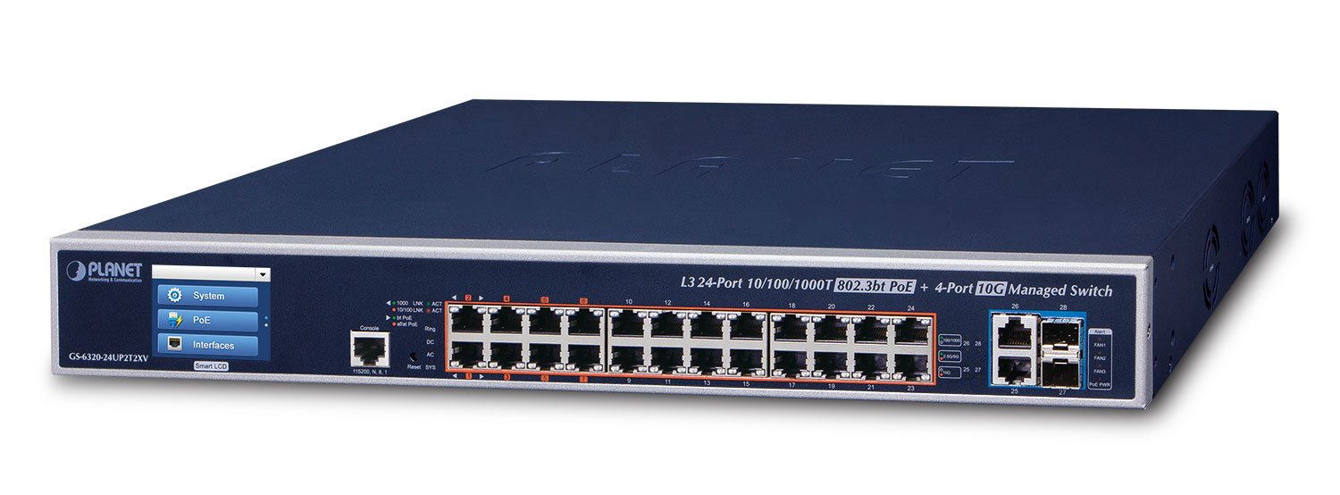 【GS-6320-24UP2T2XV】L3 24 1G port 802.3bt PoE + 2 10G port + 2 10G SFP+ Managed Switch with LCD Touch Screen and Redundant Power 
