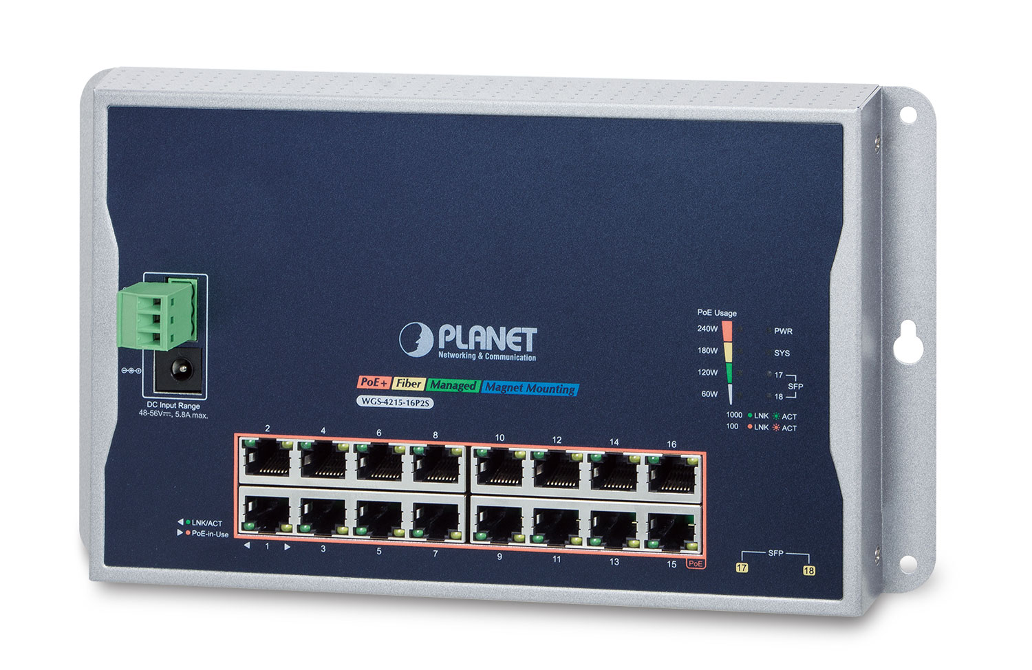 【WGS-4215-16P2S】Industrial 16-Port 10/100/1000T 802.3at PoE + 2-Port 100/1000X SFP Wall-mounted Managed Switch