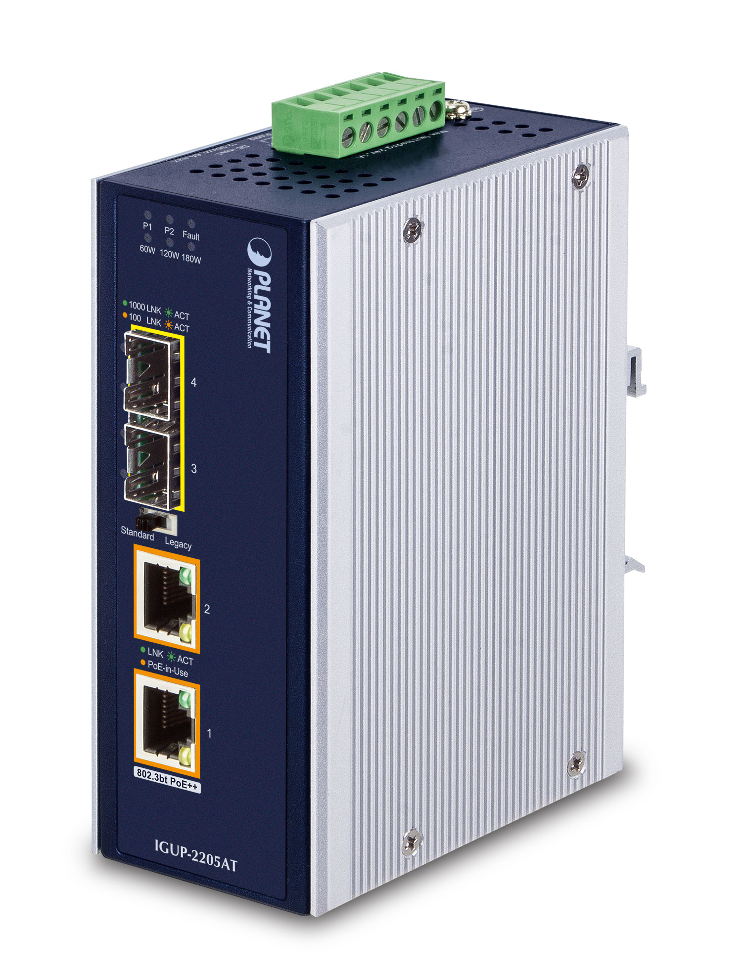 【IGUP-2205AT】Industrial 2-Port 100/1000X SFP to 2-Port 10/100/1000T 802.3bt PoE++ Media Converter